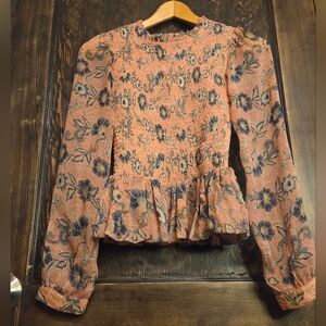 Patrons of Peace Floral Peplum Blouse - Peach and Navy